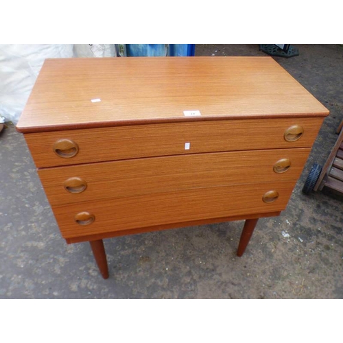 14 - TEAK CHEST OF 3 DRAWERS ON TAPERED SUPPORTS WIDTH 75 CM X HEIGHT 75 CM