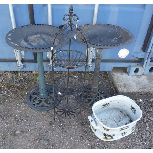 141 - PAIR OF PLASTIC BIRDBATHS, PAINTED 3-TIER PLANT STAND, ETC