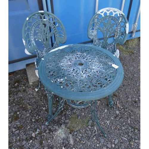 145 - METAL CIRCULAR GARDEN TABLE WITH PIERCED DECORATION & 2 MATCHING CHAIRS, DIAMETER 60CM