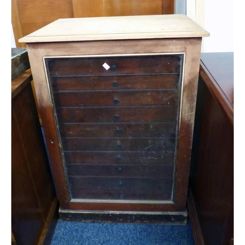 146 - MAHOGANY DISPLAY CABINET OF 11 DRAWERS WITH GLASS TOPS BEHIND GLASS PANEL DOOR, WIDTH 56CM X HEIGHT ... 