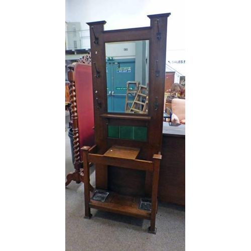 147 - EARLY 20TH CENTURY INLAID OAK HALLSTAND WITH INSET TILES 200 CM TALL