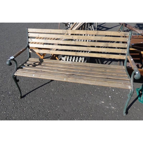 149 - GARDEN BENCH WITH PAINTED CAST METAL ENDS