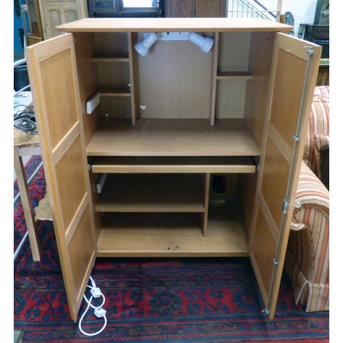 150 - BEECH WOOD 2 DOOR COMPUTER CABINET WITH SHELVED INTERIOR & SLIDE, WIDTH 143CM X HEIGHT 107CM