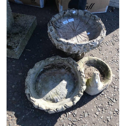 157 - CONCRETE BIRD BATH MODELLED AFTER TREE STUMP DIAMETER 36CM, & 2 OTHERS