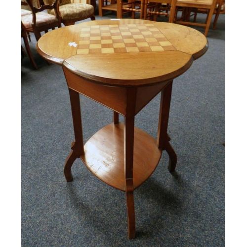 159 - MAHOGANY GAMES TABLE WITH SHAPED TOP & LIFT LID, LENGTH 51CM