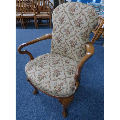 167 - 19TH CENTURY WALNUT FRAMED OPEN ARMCHAIR ON CABRIOLE SUPPORTS