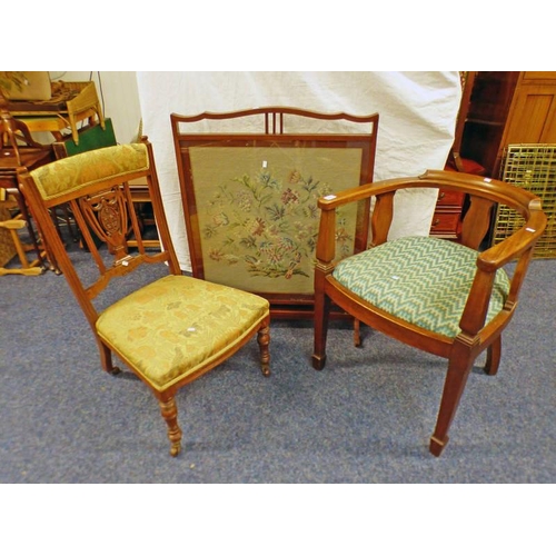 168 - MAHOGANY TUB CHAIR ON SQUARE TAPERED SUPPORTS, MAHOGANY TAPESTRY FIRE SCREEN, ETC