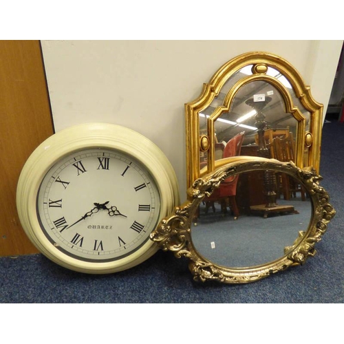 174 - GILT FRAMED MIRROR WITH CHERUB DECORATION & 1 OTHER MIRROR & CLOCK