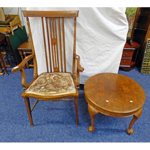 176 - LATE 19TH CENTURY INLAID MAHOGANY OPEN ARMCHAIR AND CIRCULAR WALNUT COFFEE TABLE ON BALL AND CLAW SU... 