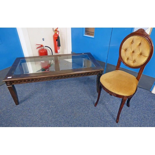 178 - MAHOGANY COFFEE TABLE WITH 2 GLASS INSETS ON SQUARE SUPPORTS, LENGTH 121CM & CHAIR