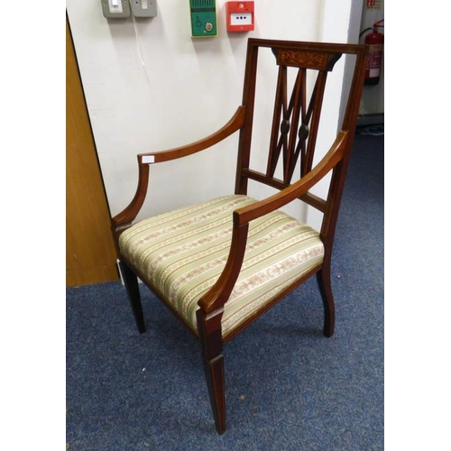 182 - MAHOGANY FRAMED OPEN ARMCHAIR WITH DECORATIVE BOXWOOD INLAY ON SQUARE SUPPORTS