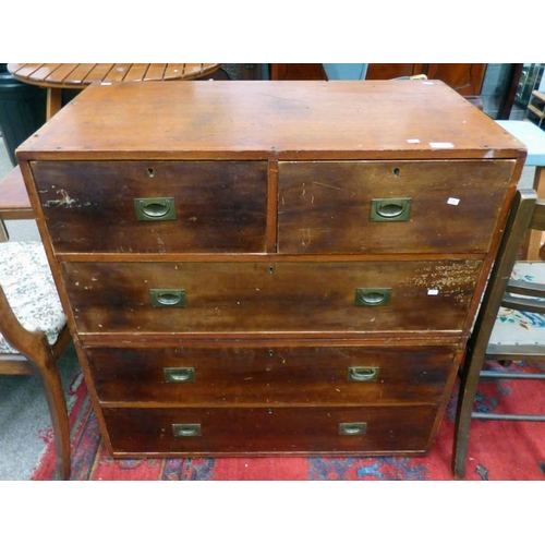 193 - EARLY 20TH CENTURY TEAK CAMPAIGN STYLE CHEST 2 SHORT OVER 3 LONG DRAWERS, WIDTH 92CM X HEIGHT 94CM