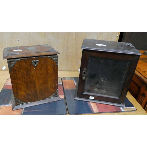 196 - EARLY 20TH CENTURY OAK STATIONARY BOX WITH SILVER PLATED MOUNTS & OAK CABINET WITH GLAZED DOOR