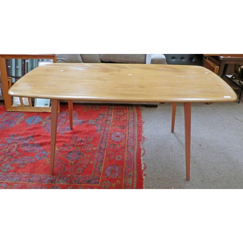 2 - ERCOL BLONDE BEECH PLANK TABLE ON TAPERED SUPPORTS, LENGTH 152CM