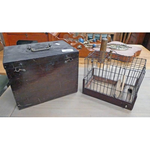 204 - PINE TRAVEL BOX WITH FITTED BIRD CAGE 18CM TALL