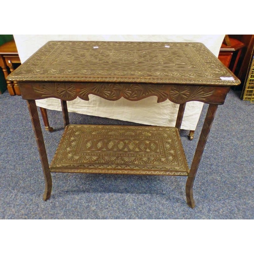 215 - EBONISED EASTERN LAMP TABLE WITH CARVED DEOCRATION AND UNDERSHELF