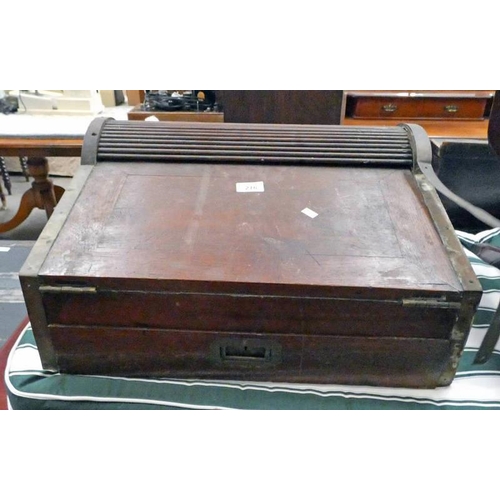 216 - 19TH CENTURY MAHOGANY CAMPAIGN DESK WITH TAMBOUR ROLL-TOP & FITTED INTERIOR, 25CM TALL