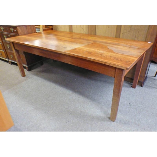 223 - LARGE OAK RECTANGULAR KITCHEN TABLE ON SQUARE SUPPORTS, LENGTH 214CM