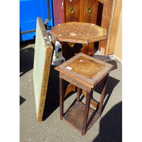 247 - INLAID OAK OCTAGONAL GAMES TABLE ON PEDESTAL WITH 3 SPREADING SUPPORTS, CARVED PLANT STAND, ETC