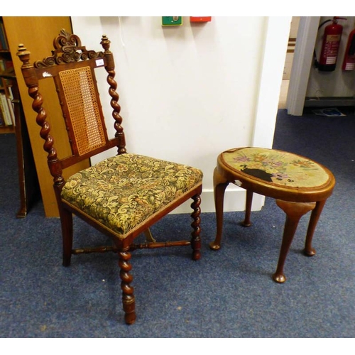 249 - EARLY 20TH CENTURY WALNUT OVAL STOOL WITH FLORAL TAPESTRY TOP ON QUEEN ANNE SUPPORTS & CHAIR