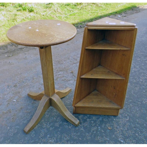 26 - OAK CIRCULAR PEDESTAL TABLE AND CORNER BOOKCASE