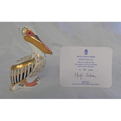 3033 - ROYAL CROWN DERBY LIMITED EDITION WHITE PELICAN WITH GOLD STOPPER & CERTIFICATE