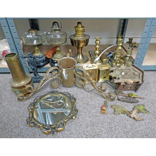 3043 - 2  19TH CENTURY CIRCULAR BASED CUT GLASS PARAFFIN LAMPS, VARIOUS BRASS CANDLESTICKS, 2 BRASS CLOCKS,... 