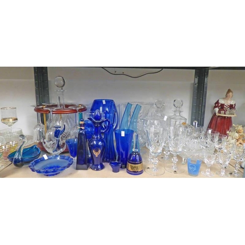 3047 - CUT GLASS DECANTER & 6 GLASSES ON MAHOGANY STAND, VARIOUS CUT GLASS DECANTERS & GLASSES, VARIOUS BLU... 