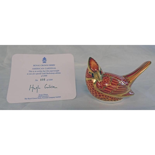 3048 - ROYAL CROWN DERBY LIMITED EDITION AMERICAN CARDINAL PAPERWEIGHT WITH GOLD STOPPER AND CERTIFICATE