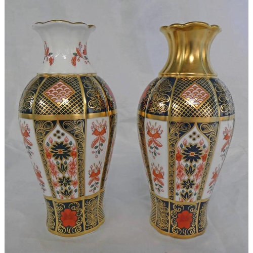 3054 - TWO ROYAL CROWN DERBY VASES WITH OLD IMARI PATTERN HEIGHT - 18 CM