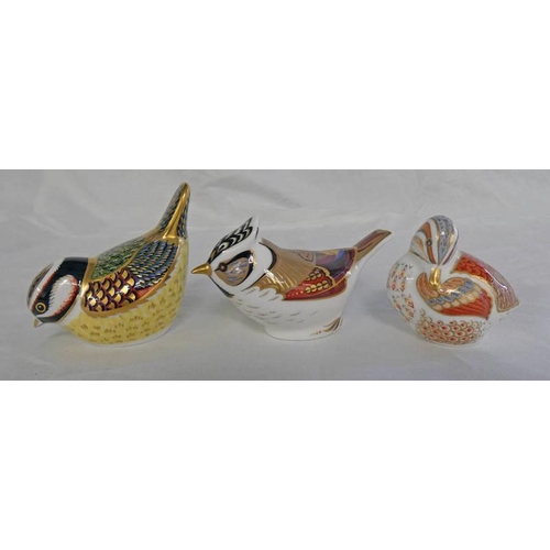 3057 - THREE ROYAL CROWN DERBY BIRD PAPERWEIGHTS WITH GOLD STOPPERS