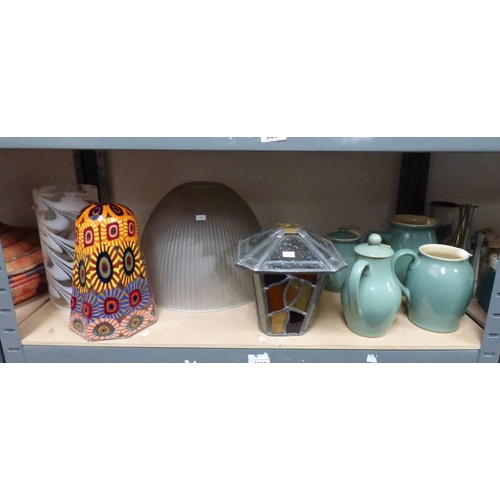 3068 - VARIOUS ARTS & CRAFTS STYLE LAMP SHADES & POTTERY JUGS ETC ON ONE SHELF