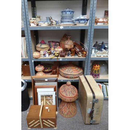 3070 - GOOD SELECTION BASKET WARE, PORCELAIN, EXPANDING SEWING BOX, MIRRORS & PICTURES OVER FOUR SHELVES