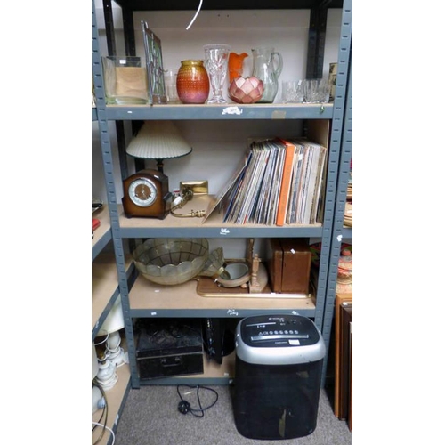 3071 - LEADED GLASS, COLOURED GLASS SELECTION RECORDS, SCREEN, SHREDDER ETC OVER 4 SHELVES