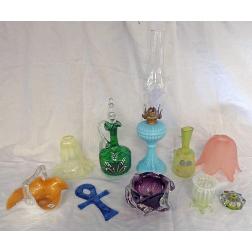 3090 - SELECTION OF COLOURED GLASS INCLUDING PARAFFIN LAMP ,DECANTER, LIGHT SHADES AND OTHERS