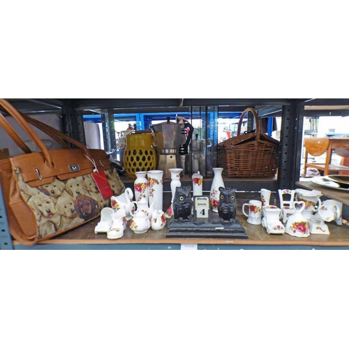 3092A - CARVED WOODEN DESK SET WITH OWL DECORATION TOGETHER WITH A HAND BAG & VARIOUS PORCELAIN ORNAMENTS WI... 