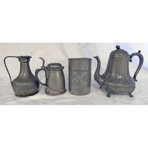 3093 - PEWTER TEAPOT TOGETHER WITH LIDDED JUG, TANKARD AND JAR. TALLEST - 22 CM