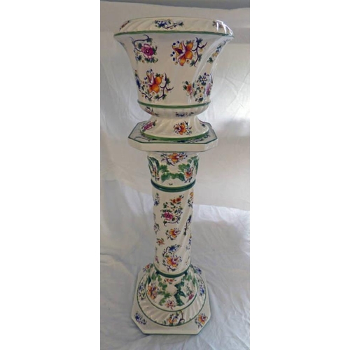 3099 - CAPODIMONTE JARDINIERE & PLANT POT WITH FLORAL DECORATION. TOTAL HEIGHT - 95 CM