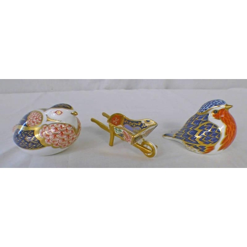 3155 - TWO ROYAL CROWN DERBY BIRD PAPERWEIGHTS BOTH WITH GOLD STOPPERS AND WHEEL BARROW