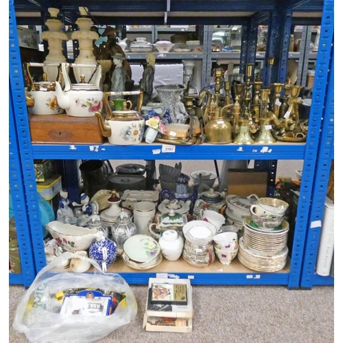 3161 - SELECTION OF VARIOUS ITEMS INCLUDING BRASS CANDLE STICKS, PORCELAIN TEA SET, CARVED WOODEN BOX AND O... 