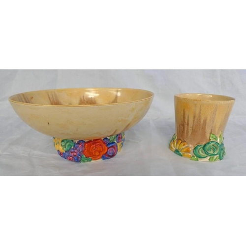 3162 - CLARICE CLIFF PEDESTAL BOWL WITH FLORAL DECORATION DIAMETER - 22 CM TOGETHER WITH VASE. HEIGHT - 9.5... 