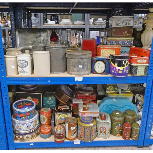 3166 - SELECTION OF VARIOUS ADVERTISING TINS AND OTHERS OVER TWO SHELVES