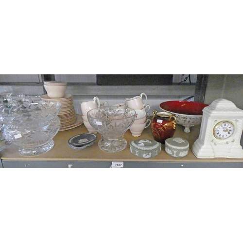 3187 - SELECTION OF VARIOUS ITEMS INCLUDING BELLEEK PORCELAIN CLOCK, CRYSTAL BOWLS, TEA SET AND OTHERS OVER... 