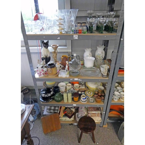 3190 - SELECTION OF VARIOUS ITEMS INCLUDING VASES, PORCELAIN SIAMESE CAT, LINEN AND OTHERS OVER FOUR SHELVE... 