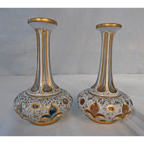 3194 - PAIR OF  19TH CENTURY GLASS VASES WITH GILT DECORATION.  HEIGHT - 14.5 CM