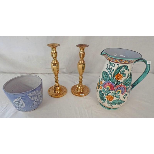 3195B - PAIR BRASS CANDLE STICKS, POTTERY JUG ETC