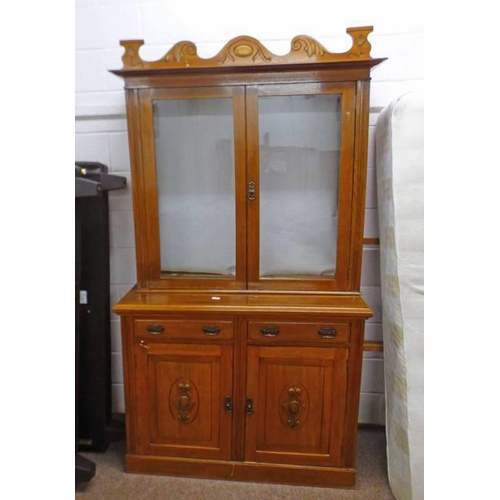 35 - 19TH CENTURY WALNUT BOOKCASE WITH 2 GLAZED DOORS OVER 2 DRAWERS & 2 PANEL DOORS 224CM TALL