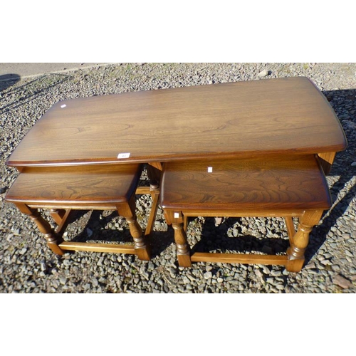 43 - ERCOL ELM NEST OF 1 LARGER & 2 SMALLER TABLES, LENGTH OF LARGEST 114CM