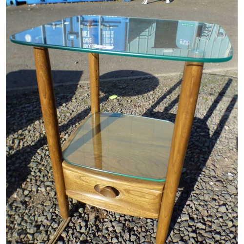 44 - ERCOL ELM LAMP TABLE WITH GLASS TOP, SHELF & SINGLE DRAWER IN BASE, LENGTH 50CM