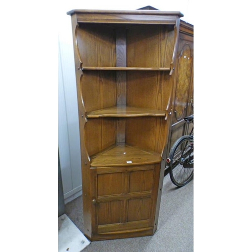 45 - ERCOL ELM CORNER CABINET WITH OPEN SHELVES OVER PANEL DOOR, WIDTH 74CM X HEIGHT 182CM